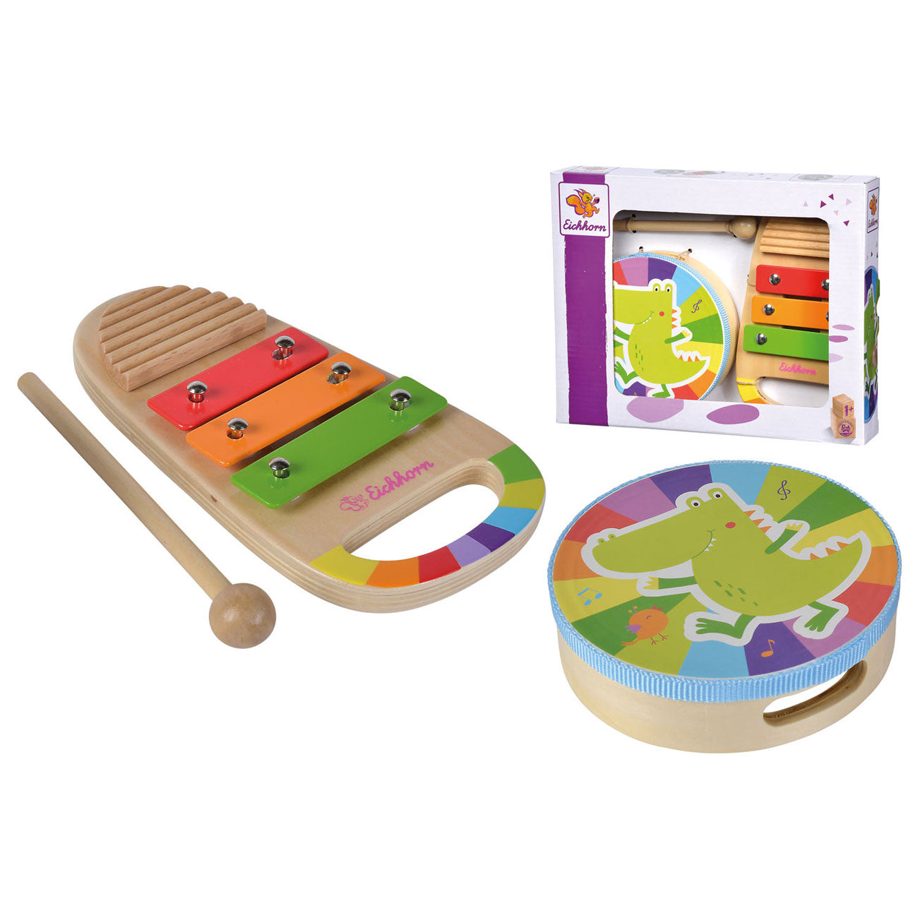 Eichhorn wooden drum and xylophone music set, 3-piece.