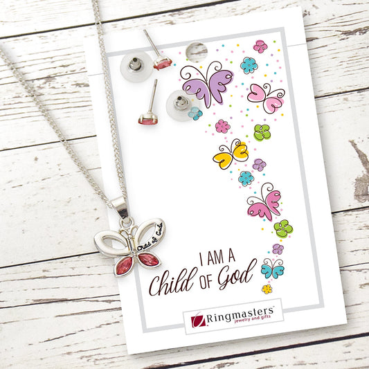 Hallelujah Harmony Set necklace and earrings with pink stones and Child of God butterfly engraving